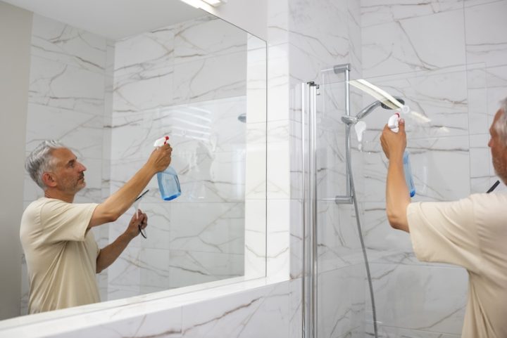 side view man cleaning shower