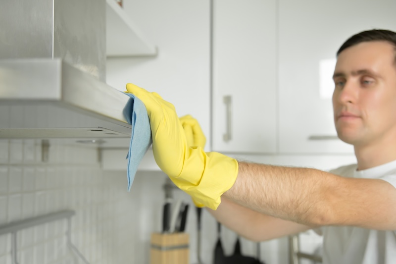 Closeup Male Hands Rubber Gloves Cleaning Extractor Hood
