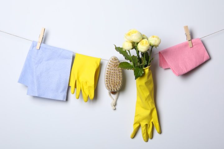 Cleaning items and yellow roses hang on a line. A blue cloth, yellow gloves and brush are clipped between the roses and a pink cloth. Bright and tidy.