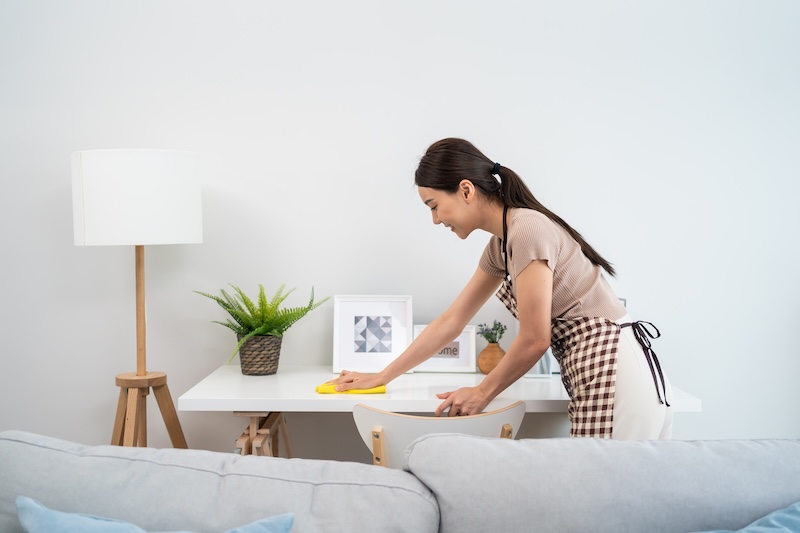 Asian Cleaning Service Woman Worker Cleaning Living Room Home Beautiful Girl Housewife Housekeeper Cleaner Feel Happy Wiping Messy Dirty Working Table Housekeeping Housework Chores
