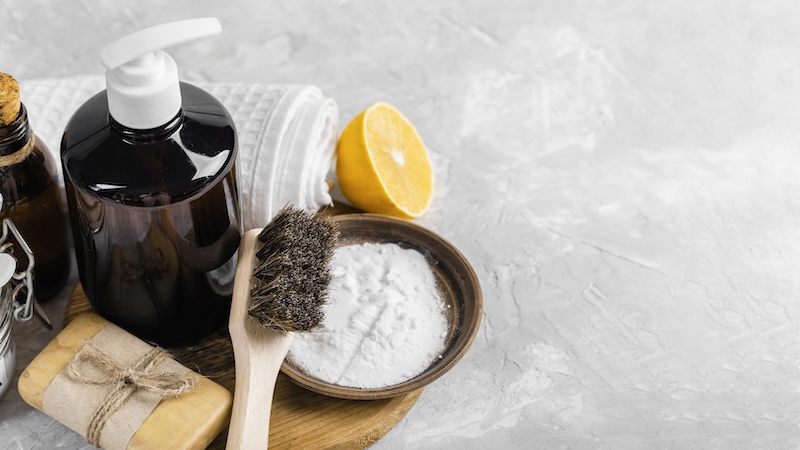 High Angle Eco Friendly Cleaning Products With Soap Copy Space