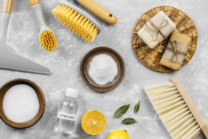 Top View Eco Cleaning Products With Baking Soda Brushes