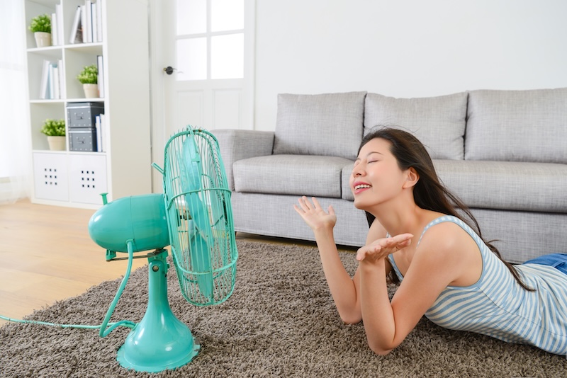 Beautiful Young Woman Enjoying Electric Fan Cool Wind Living Room