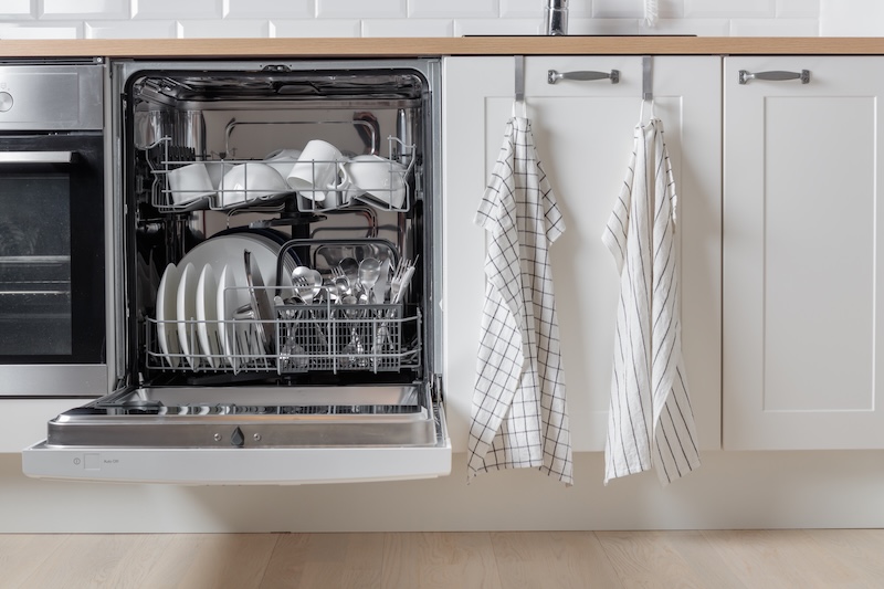 Builtin Dishwasher Full Clean Dishes With Its Door Open White Utensil Modern Technologies Home Kitchen With Minimalistic Cabinetry Simplifying Daily Housework
